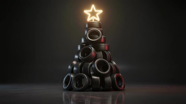 Creative Christmas tree made of stacked car tires with glowing star on top in dark studio