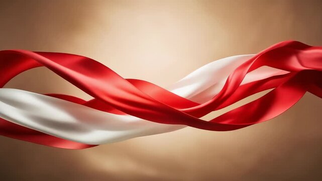 Abstract red and white silk ribbons twisting in elegant flowing motion on brown background