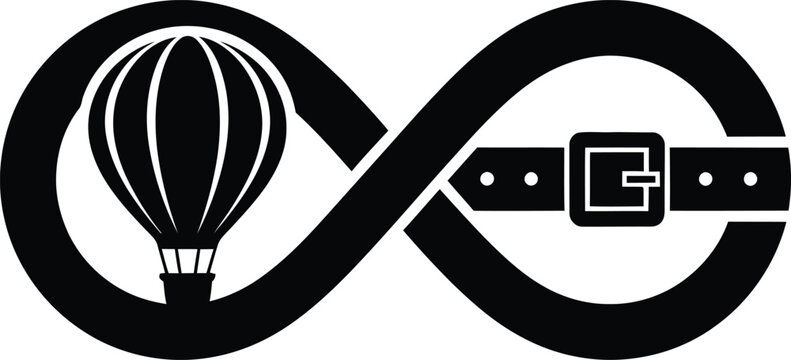 Vector graphic of a hot air balloon soaring through infinity loop with a leather belt buckle