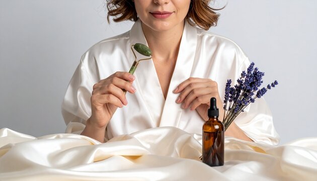 Minimalist Silk Robe Flat Lay with Jade Roller and Essential Oil Vial on Silk