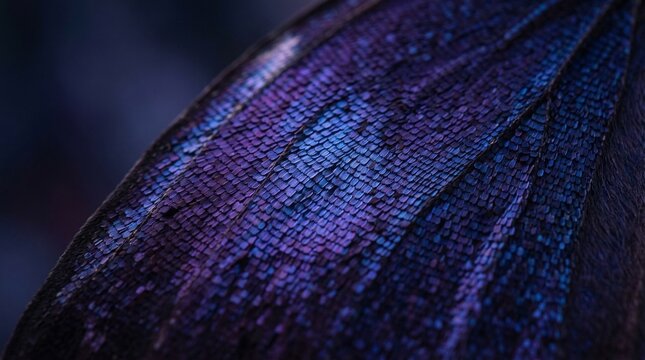 Macro photo of blue-purple iridescent butterfly wing texture in Future Dusk tones, Pantone 2026 color concept for fashion brand, luxury editorial or premium product packaging, no people