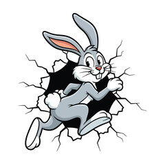 Fototapeta premium Cute cartoon rabbit jumping through a hole in a cracked white wall in a vector illustration.
