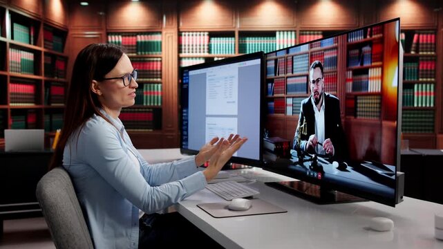 Lawyer Reviewing Documents And Contract With Colleague In Video Conference Call