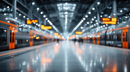 Fototapeta premium Blurred background of a modern railway station, trains, boards, platforms, rails, movement, rail transport, carriages, out-of-focus photo, bokeh