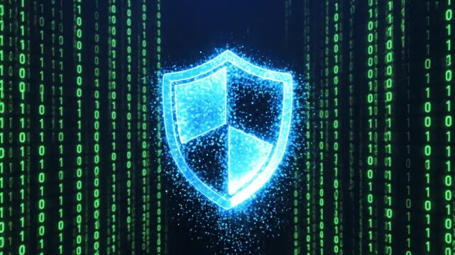 Glowing blue shield icon with binary code background, conveying cybersecurity concept in dark tones.