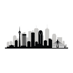 Obraz premium Modern urban city skyline silhouette with tall buildings and a bridge in vector illustration.