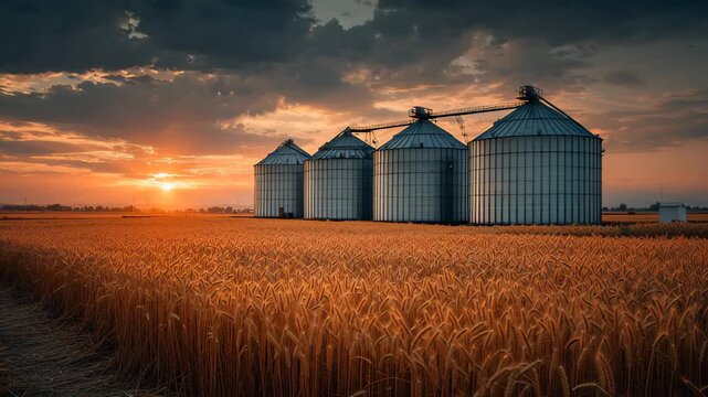 Golden wheat fields and grain silos against a sunset sky in rural farmland