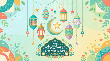 Flat design Ramadan decoration with lanterns, stars and moon, clean minimal background, bright spring colors, no people