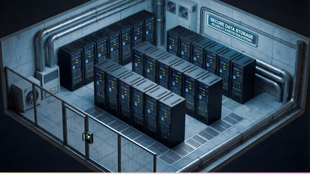 High-angle view of a secure server room with rows of computer servers and protective fencing in a dimly lit, industrial setting with a focus on cyber attack protection.