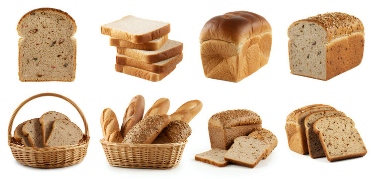Various types of bread on white background loaf slice