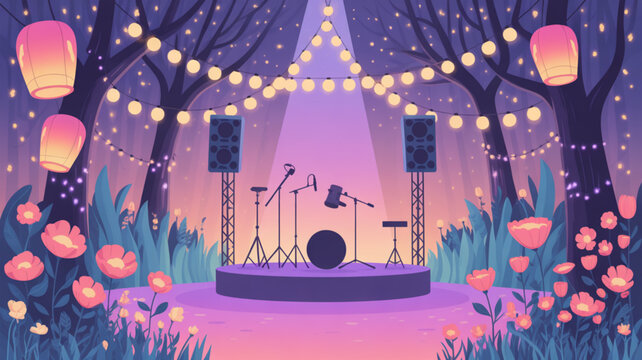 Concert stage in whimsical garden at dusk with lanterns and flowers music festival setup with instruments and lights