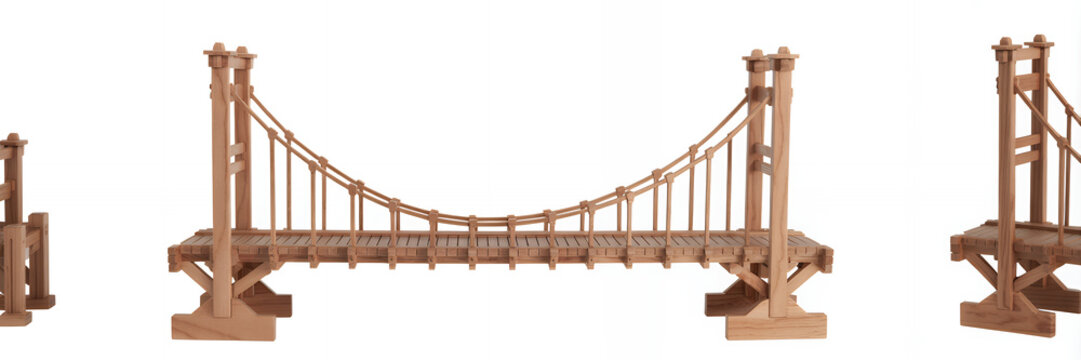 Wooden suspension bridge model from different angles