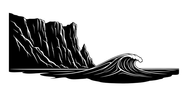 Dramatic Black and White Wave Crashing Against Rugged Cliffs at Sea