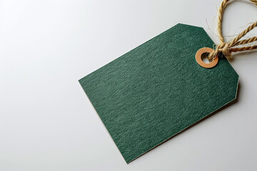 Blank green gift tag on a white background, with no text or graphics, ready for customizing with your own design. Price sticker in closeup.