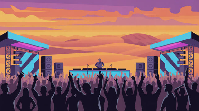 Vibrant music festival crowd dancing at colorful outdoor concert with dj at sunset