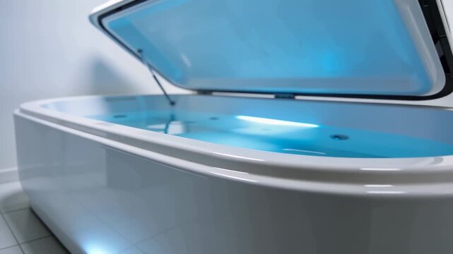 A floating tank designed for sensory reduction is shown with blue illuminated water. The interior setting emphasizes cleanliness and functionality suitable for wellness applications