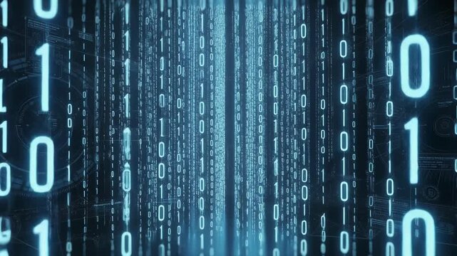 Futuristic digital binary code streams with glowing blue data visualization and technology concept
