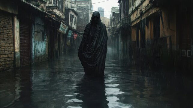 Mysterious figure walks through flooded streets during heavy rain in an abandoned urban area in the evening