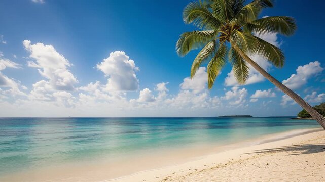 Tropical beach with palm tree and clear blue ocean under sunny sky with clouds