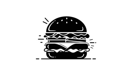 Fototapeta premium Black and White Icon of a Delicious Hamburger with Cheese and Lettuce, Minimalist Food Graphic