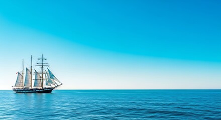 Majestic Sailing Ship Glides Across the Vast, Azure Ocean Under a Clear Sky.