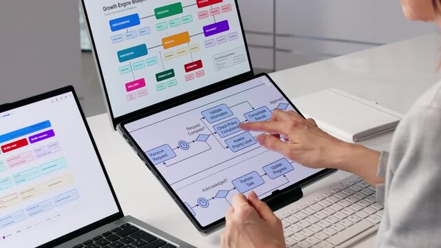 Manager Reviewing Business Process Flow Chart On Laptop