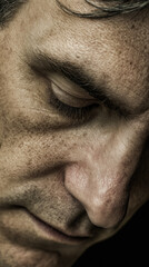 Obraz premium Chronic kidney disease patient portrait showing emotional expression with detailed skin texture and closed eyes highlighting struggle and resilience of living with illness