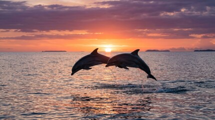 Fototapeta premium Dolphins Jumping at Sunset