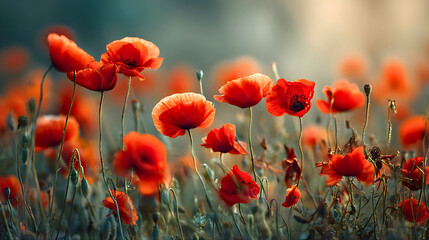 Vibrant red poppies bloom in a lush green field with warm sunlight and soft focus background