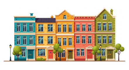 Fototapeta premium Colorful Row of European Style Townhouses with Trees and Streetlight.