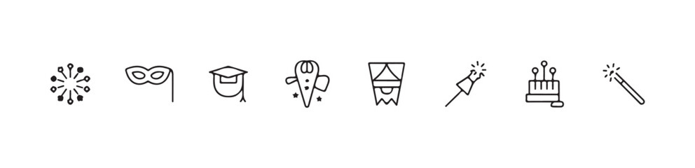 Set of vector line icons depicting celebration elements, party masks, and magic wands © MdJahid