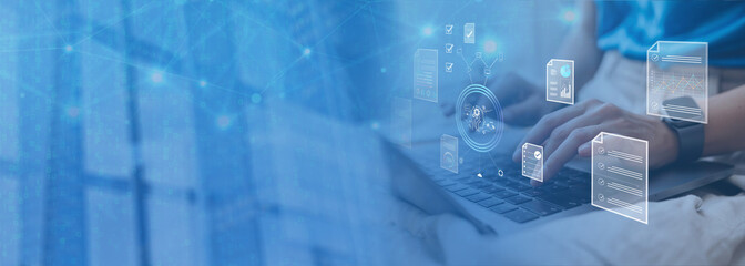 Document management concept to streamline operations. This involves the ability to check electronic documents on digital documents on virtual screen within a centralized Document Management System © bender