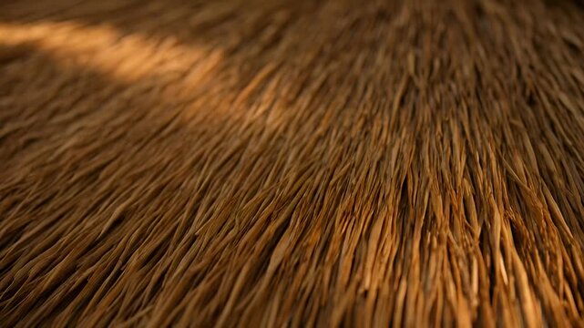 Reed-thatched roof texture background with slow warm diagonal light glide and subtle fiber shadow change
