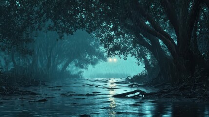 Naklejka premium Rain falls on a quiet river surrounded by trees at night with distant lights shining through the mist