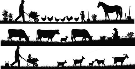 Farm Life Silhouette Set with Farmers Livestock Cows Horses Goats and Chickens in a Rural Countryside Landscape Vector Illustration Pack © MSTJAHERA