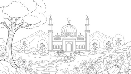 Peaceful Mosque and Garden Landscape Line Art for Kids Coloring Book Page Ramadan Eid Activity