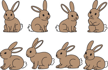 Fototapeta premium Eight charming cartoon brown rabbits with big eyes and fluffy white tails sitting on a clean white background