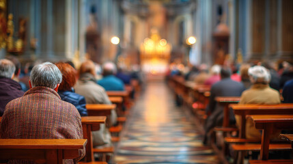 Obraz premium Blurred background of the interior of a Catholic church, parishioners in pews, Sunday service, Christian faith, religious architecture, nave, altar, stained glass windows, out-of-focus photo, bokeh