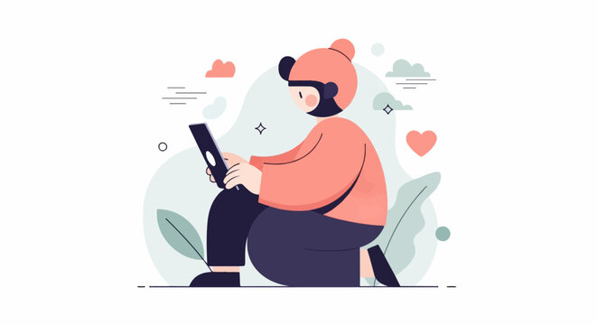 Person in coral sweater squatting, engrossed with a smartphone device