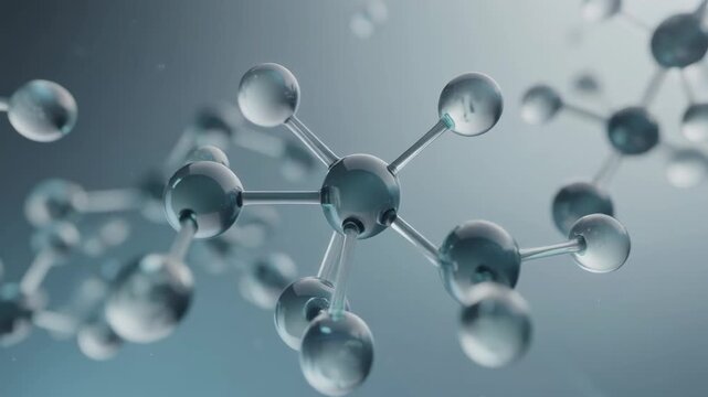 Close up of molecular structure with connected atoms and bonds in scientific laboratory environment