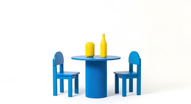 Blue table and chairs with yellow objects on a white background, minimalist design.