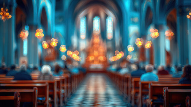 Blurred background of the interior of a Catholic church, parishioners in pews, Sunday service, Christian faith, religious architecture, nave, altar, stained glass windows, out-of-focus photo, bokeh