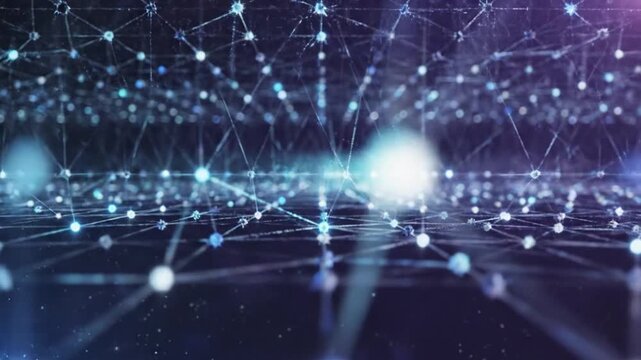 A futuristic network visualization with glowing blue and purple nodes and connections on a dark background with a shallow depth of field.
