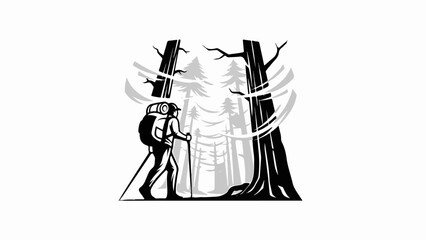 Obraz premium Lone hiker traverses a dense, stylized forest with a backpack and poles