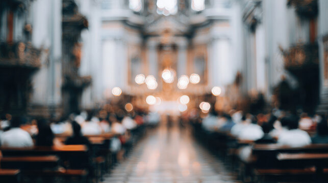 Blurred background of the interior of a Catholic church, parishioners in pews, Sunday service, Christian faith, religious architecture, nave, altar, stained glass windows, out-of-focus photo, bokeh