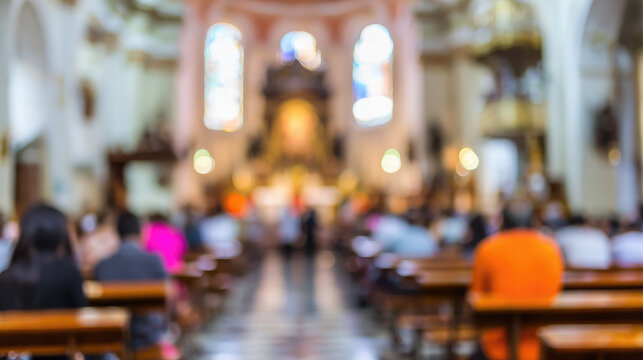 Blurred background of the interior of a Catholic church, parishioners in pews, Sunday service, Christian faith, religious architecture, nave, altar, stained glass windows, out-of-focus photo, bokeh