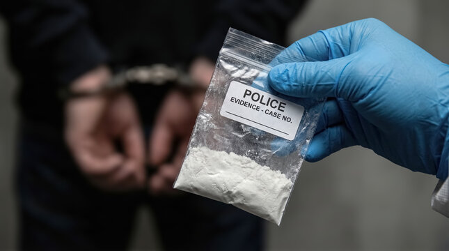 Police evidence bag with seized drugs and handcuffed suspect in background. Narcotics crime and drug trafficking concept. 