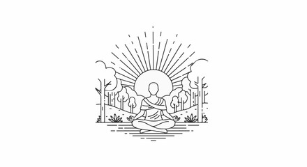 Fototapeta premium Person meditating in nature at sunrise with minimalist line art style