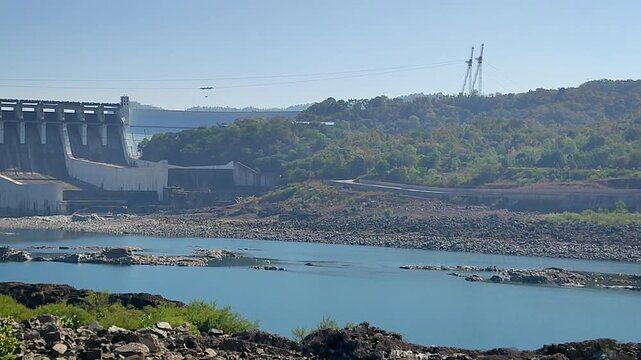 Sardar Sarovar Dam on Narmada River in Gujarat, India. Large hydroelectric dam, reservoir water, engineering landmark and important water resource infrastructure in western India.