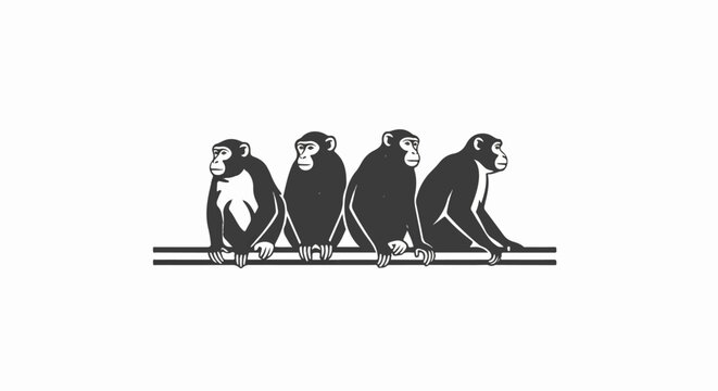 Four anthropoid primates sitting in a row on a horizontal bar
